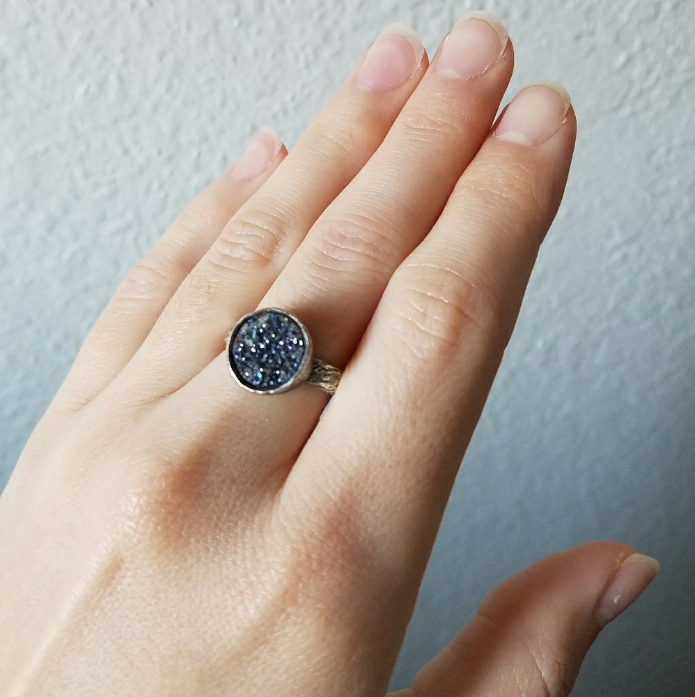Genuine blue titanium druzy sterling silver ring